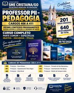 Capa de Curso Completo Concurso SME Cristalina/GO 2026 — Professor PII – Pedagogia | Cargos 406 a 411