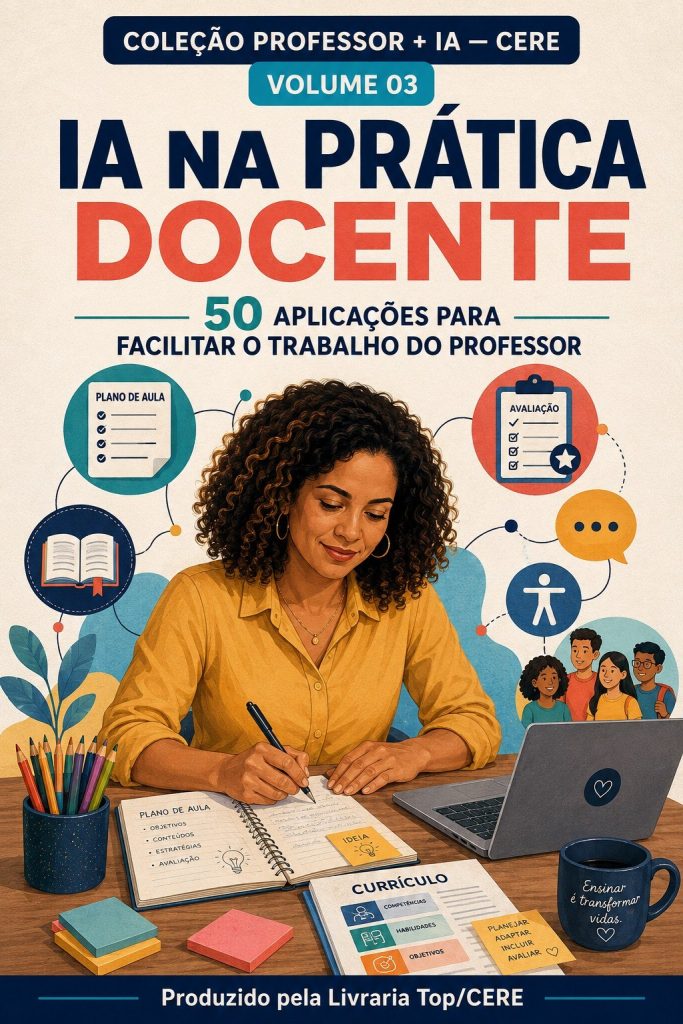 Capa do e-book IA na Prática Docente: 50 aplicações para facilitar o trabalho do professor, Volume 03 da Coleção Professor + IA da Livraria Top/CERE