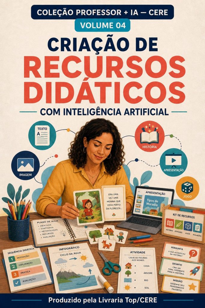 Capa do e-book Criação de Recursos Didáticos com Inteligência Artificial, Volume 04 da Coleção Professor + IA da Livraria Top/CERE