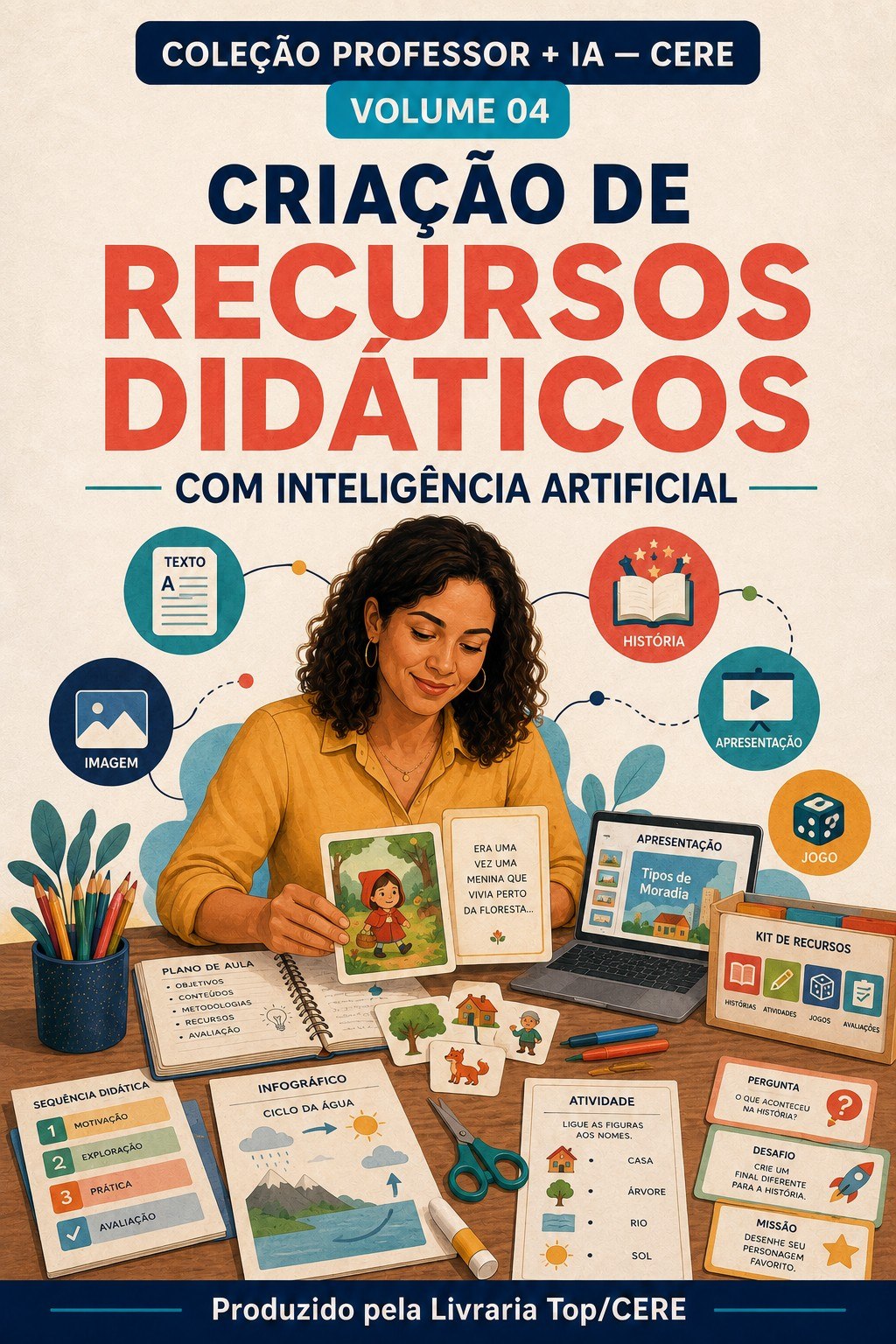 Capa do e-book Criação de Recursos Didáticos com Inteligência Artificial, Volume 04 da Coleção Professor + IA da Livraria Top/CERE